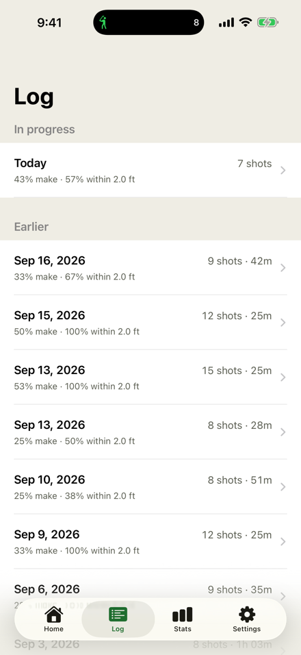 Log tab session list