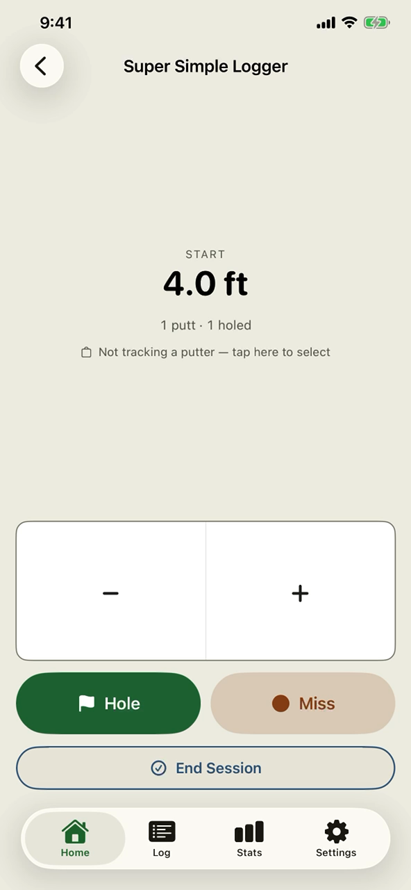 The Super Simple Logger on Lagr: a 4.0-foot start with one putt logged and holed, a plus and minus pad beneath it, and Hole, Miss and End Session buttons.
