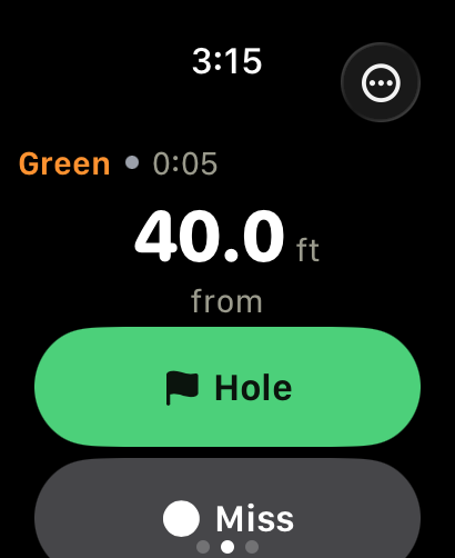 Logging a putt on the Lagr watch app: a Putting Green Style session at 40.0 ft, with Hole and Miss buttons filling the screen.